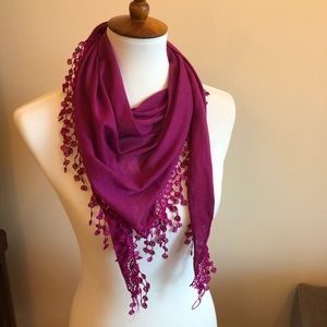 Magenta triangle scarf with fun fringe